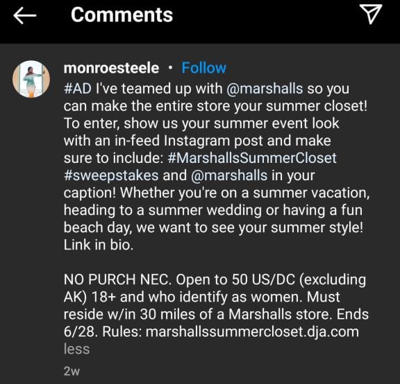 marshalls instagram giveaway example