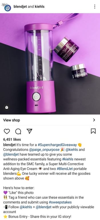 Blendjet Kiehls  Instagram Giveaway Example