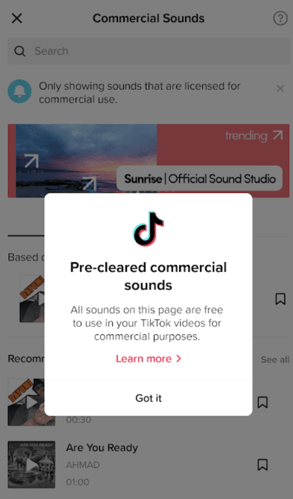 tiktok commercial sounds approved prompt