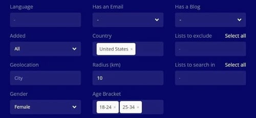 upfluencer search parameters