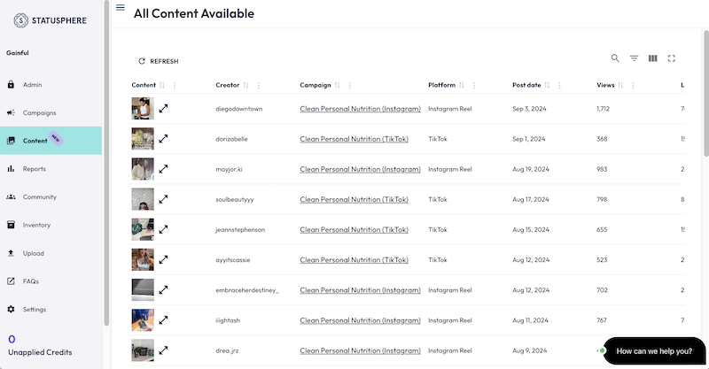 statusphere influencer platform dashboard screenshot