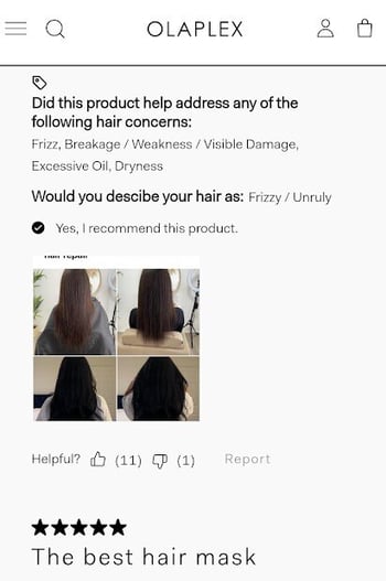 review written on OLAPLEX's website with customer photos