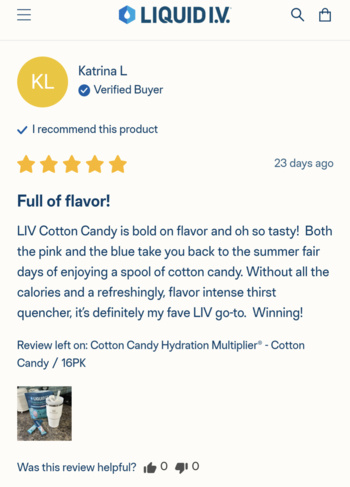 example of a product review on Liquid IV's website