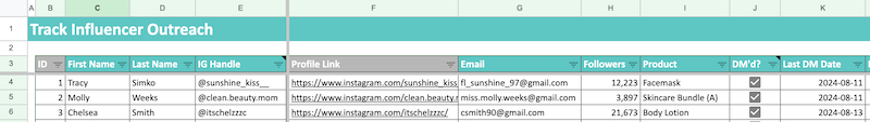 influencer tracking template