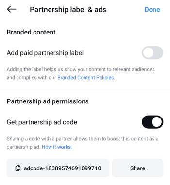 partnership ads label for influencer whitelisting on instagram