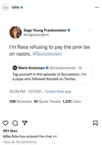 Billie "pink tax" social post