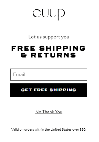 cuup free shipping popup example