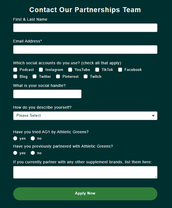 Athletic Greens brand ambassador program application