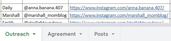 influencer tracking spreadsheet tabs