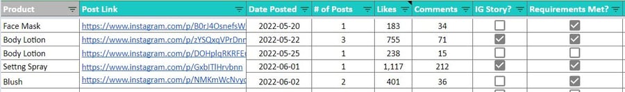 tracking influencer content in a spreadsheet
