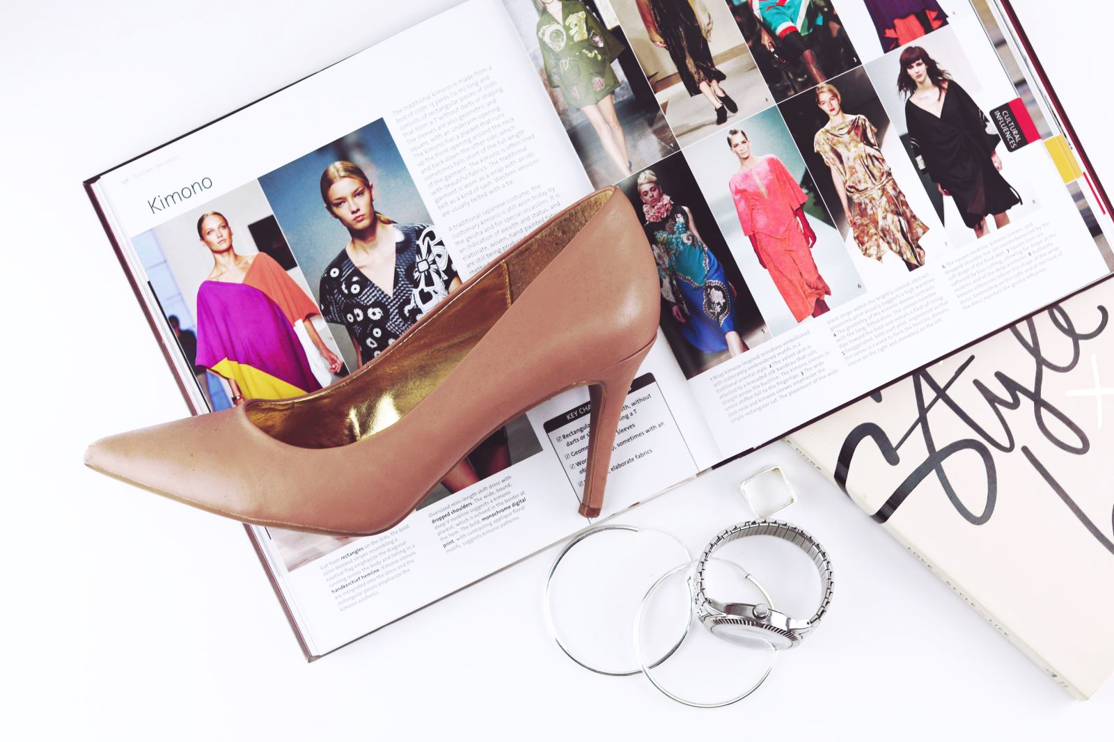 flatlay of a shoe, magazine and accessories