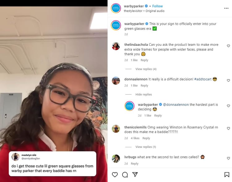 warby parker community engagement example on instagram