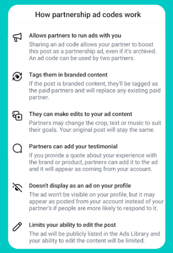 How Partnership Ad Codes Work explanation from Instagram