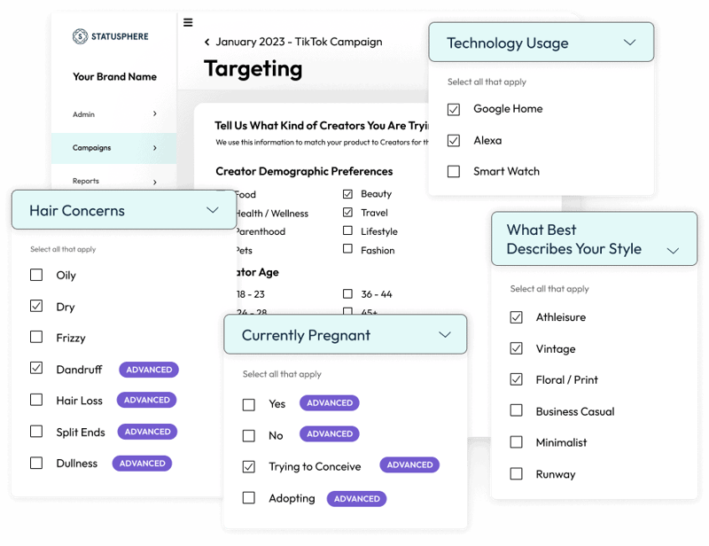 Statusphere Influencer Targeting dashboard