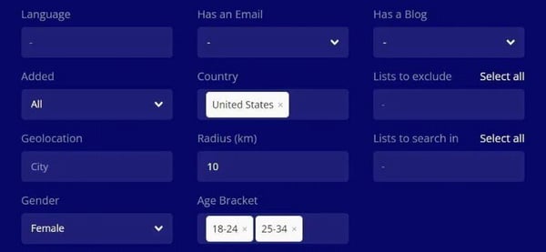 upfluencer influencer search parameters