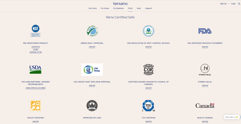 Social proof example Tersano's website displaying safety certifications