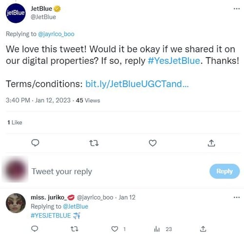 jetblue ugc request tweet