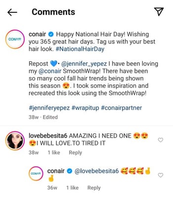 Instagram screenshot of comments on shoppable post by Conair expressing interest in buying the product
