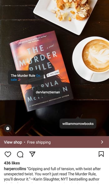 Screenshot of shoppable product tag on Instagram for book "The Murder Rule"