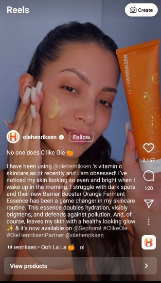 Screenshot of a shoppable Instagram Reel showing a creator using skincare products 