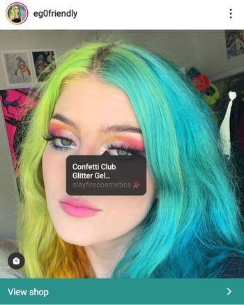Screenshot of Instagram product tag example for makeup on creator selfie 