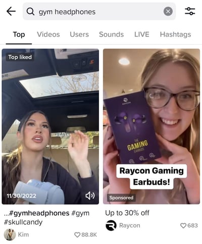 gym headphones search result example on TikTok