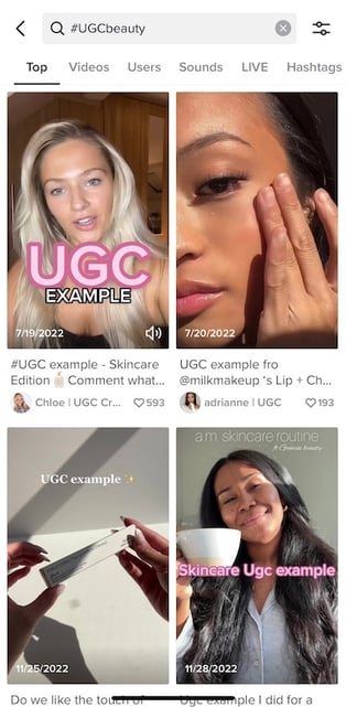 UGC beauty hashtag search on TikTok
