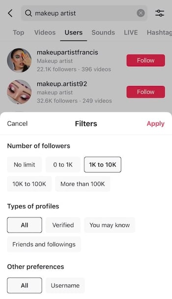 finding micro-influencers on TikTok using search filters