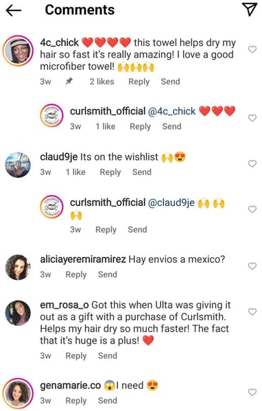 positiva kommentarer exempel från curlsmith på instagram