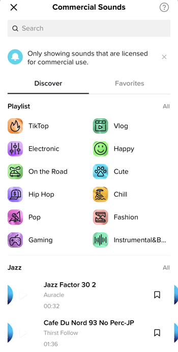 TikTok's in app commercial music library