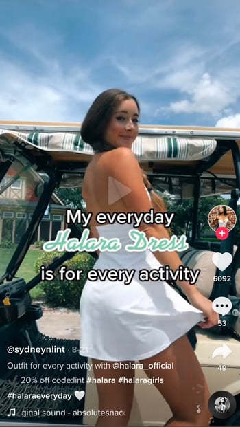 Girl in a white dress with a title that reads 'My everyday Halara Dress is for every activity"