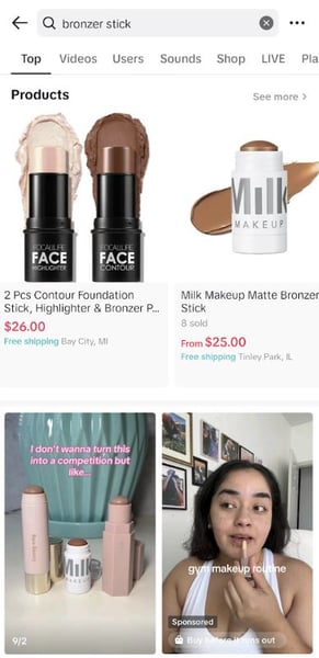 TikTok Shop listings in search results