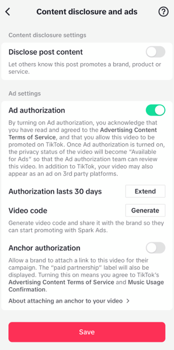 TikTok Spark Ad Authorization code setup