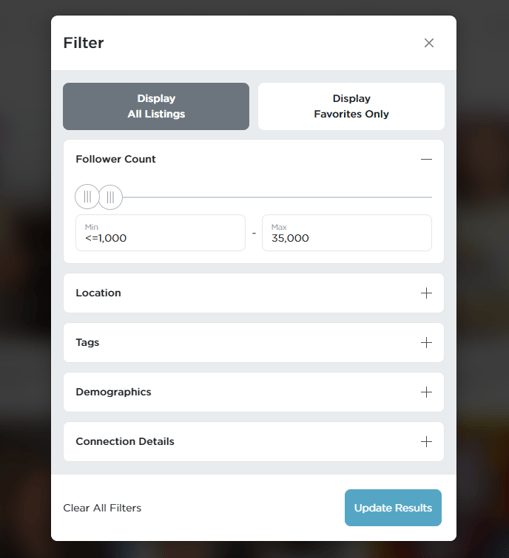 izea search filter screenshot