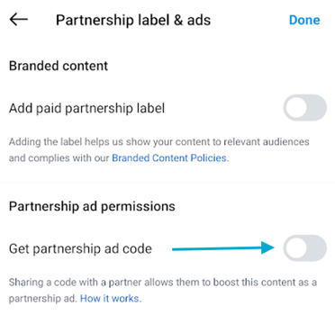 selecting "get partnership ad code" on instagram