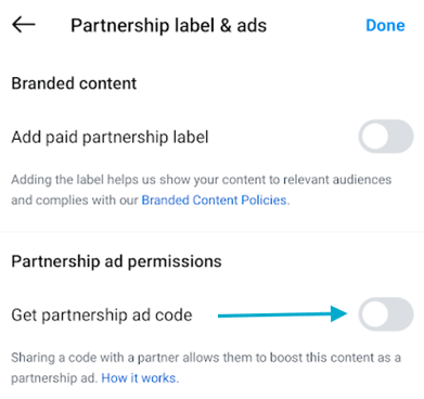 selecting "get partnership ad code" on instagram