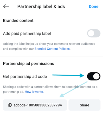 example of generated partnership ad code on instagram