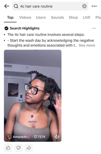 tiktok ugc in social search results in 4c hair query