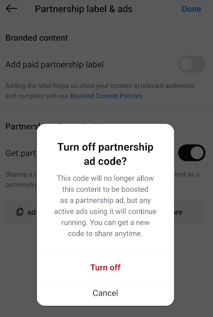 example of prompt from turning off an instagram ad code